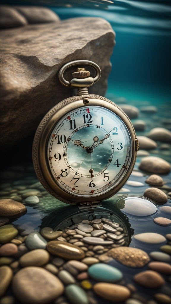 an old pocket watch sitting on the ground with rocks and water in the foreground