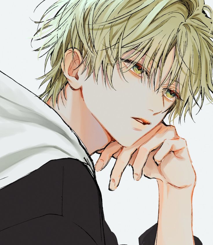 an anime character with blonde hair and green eyes is posing for the camera while holding his hand to his chin