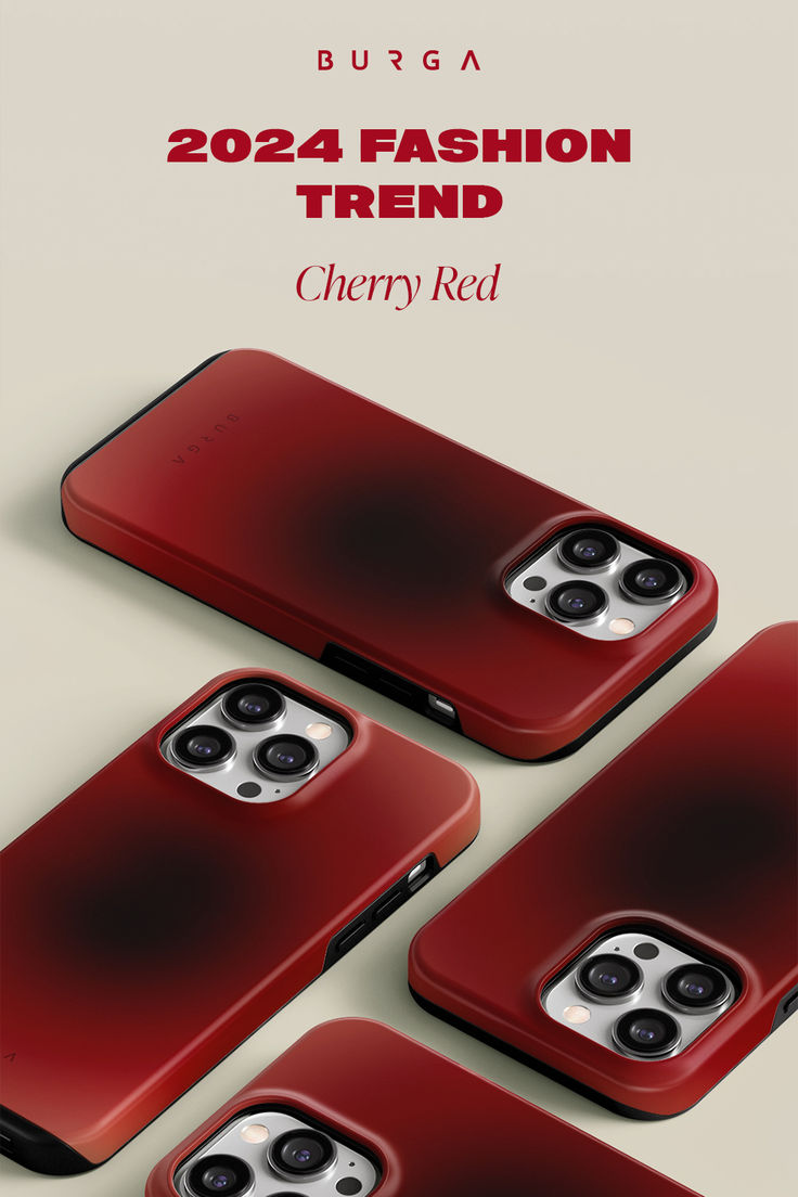 three red iphone cases sitting next to each other on top of a white surface with the words,'2020 fashion trend cherry red '