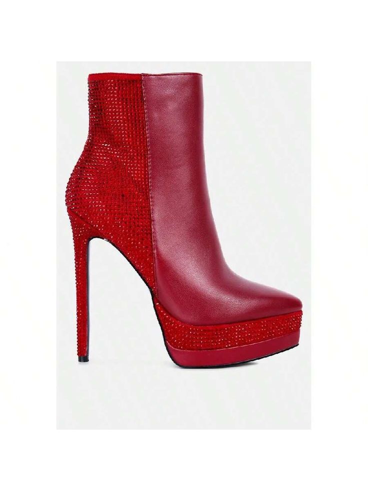 Looking to Dazzle tonight? Our  High Heeled Ankle Boots are just where your search ends. These girls boots have rhinestone detail at the back, on the heel, and on the platform, making it a knock out pair. A lightly padded insole makes it comfortable to wear, all day or night long. These high heeled closed pointed toe boots can be paired up with a nice dress or skinny jeans making the Devil itself bow down to this Diva. 	

Lining Material: Synthetic

Outer sole: TPR

Closed Pointed Toe

Pointed H High Heeled Ankle Boots, Burgundy Boots Ankle, Women Ankle Boots, Pointed Toe Boots, Boots Women Fashion, High Heel Boots Ankle, Toe Boots, Girls Boots, The Devil