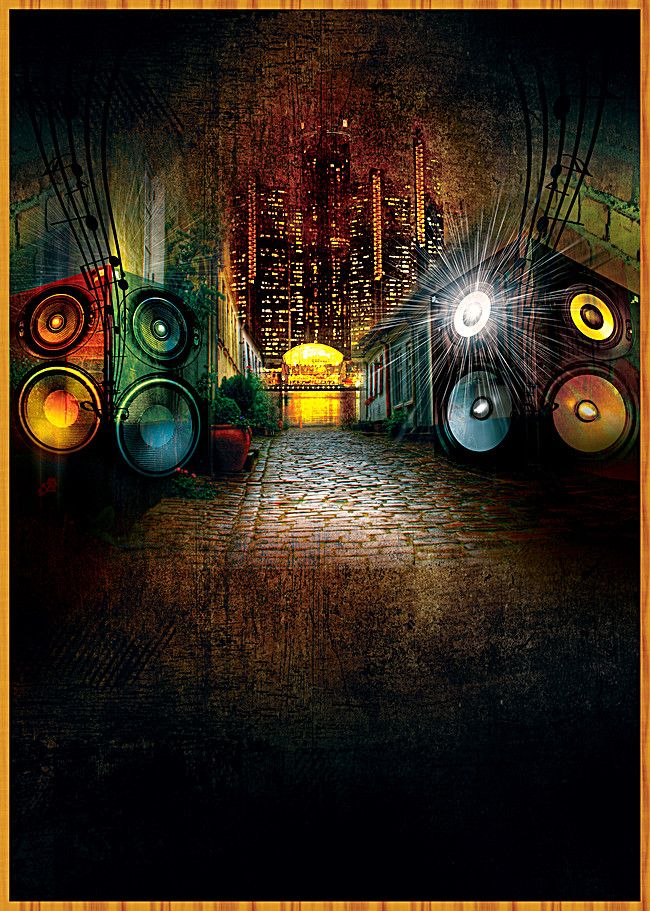 an abstract painting of speakers in front of a cityscape with lights on it