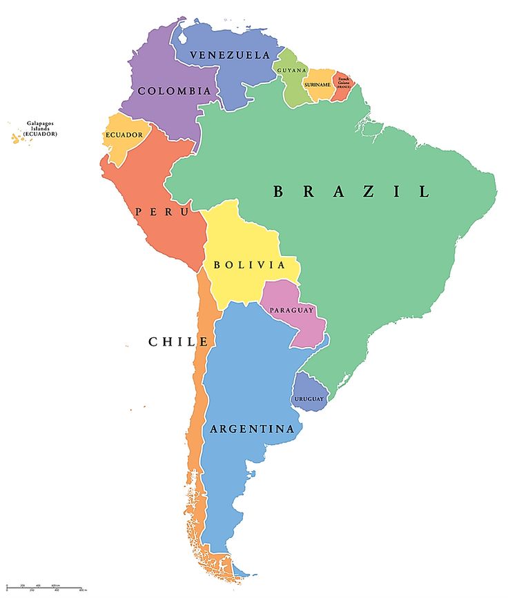 a map of south america with all the states and major cities labeled in bright colors