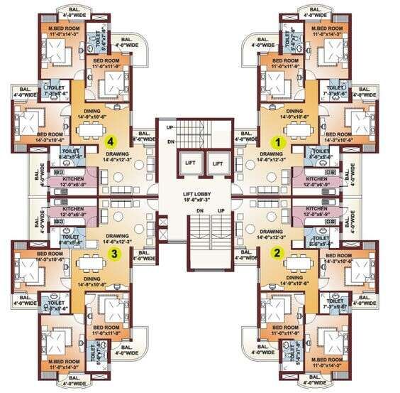 the floor plan for an apartment building with four floors and three levels, including two bedroom apartments