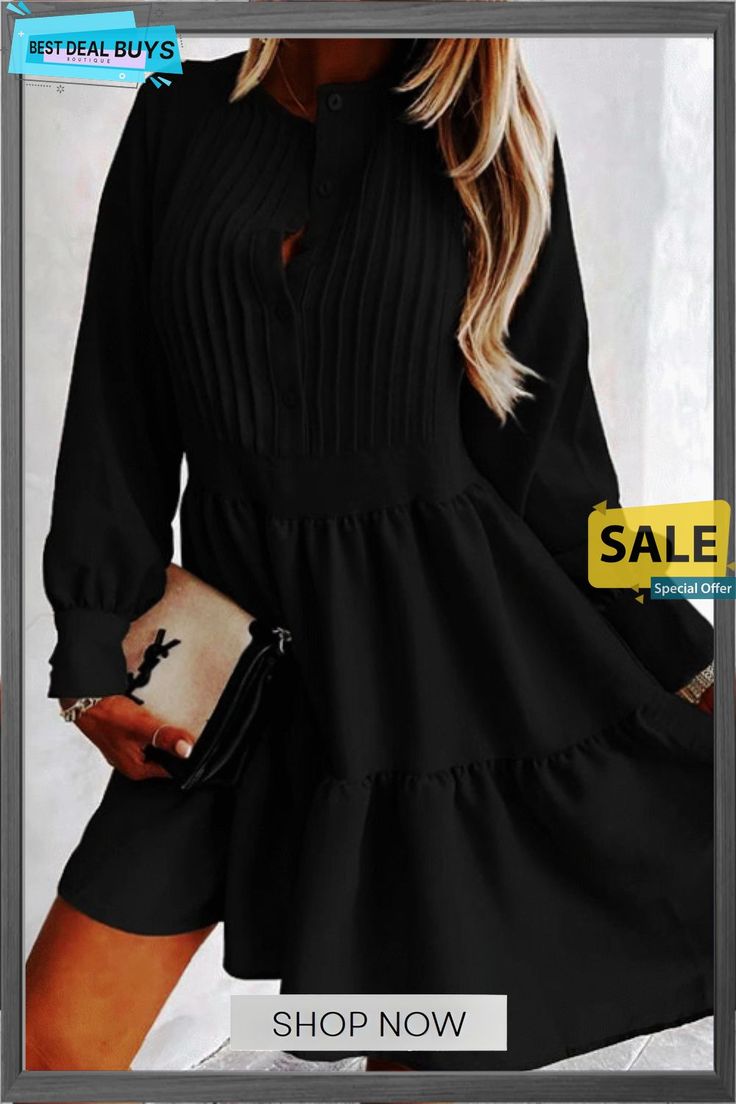 Button Layered Long Sleeve Mini Dress Chic Button-up Mini Dress With Covered Buttons, Solid Button-up Mini Dress For Work, Solid Color Button-up Mini Dress For Work, Button-up Mini Dress For Work, Solid Buttoned Dresses For Fall, Buttoned Dresses For Fall, Button Closure Mini Dress For Work, Solid V-neck Dress With Button Cuffs, Fall Office Dresses With Buttons