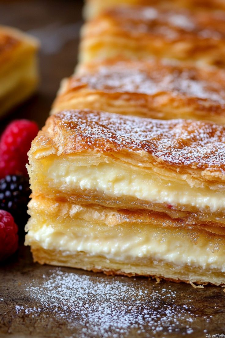 some pancakes and raspberries are sitting on a wooden table with powdered sugar