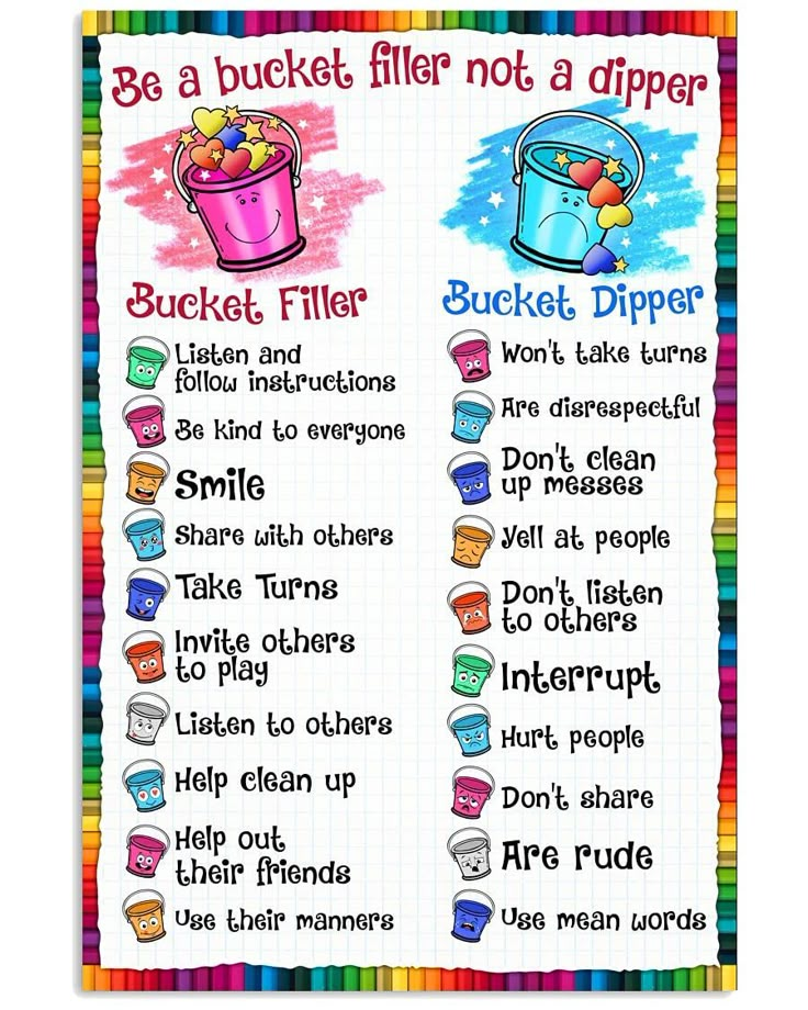 the bucket filler poster is displayed on a piece of paper with words and pictures