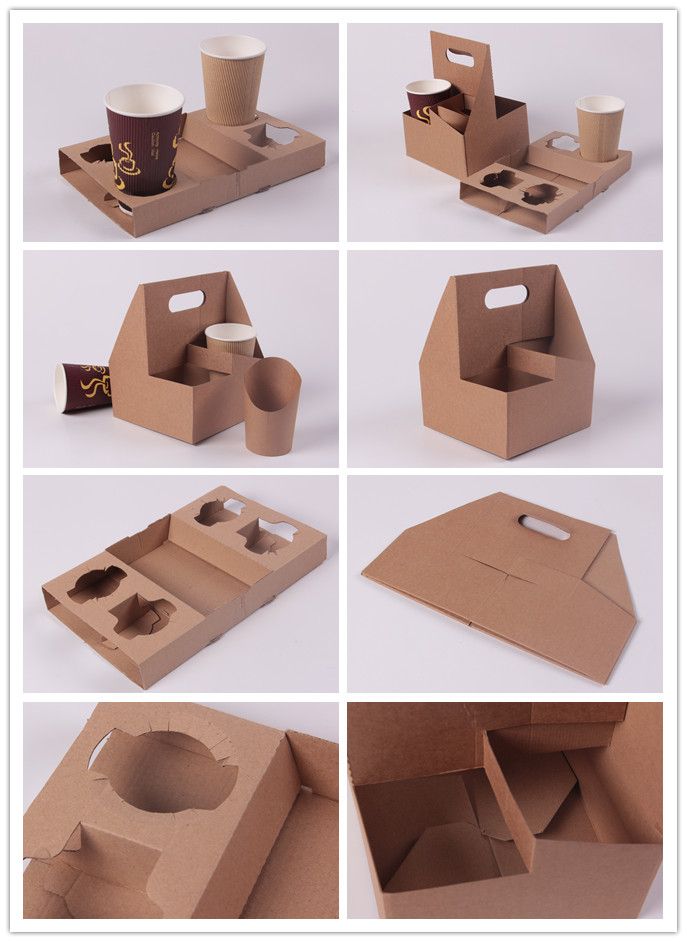 several pictures of cardboard boxes with coffee cups in them