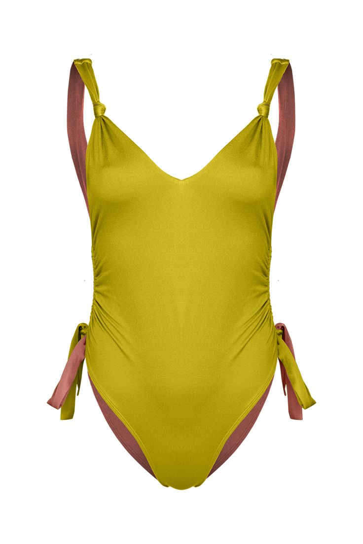 •Adjustable sides with gathered side inseam strings.•V neck perfect for bust support.•Knot detailed straps.•Cheeky coverage bottom.•Smooth stretch lining for extra comfort.•Removable push up paddings. Ruched Swimsuit, String Bikinis, Push Up, Knot, V Neck