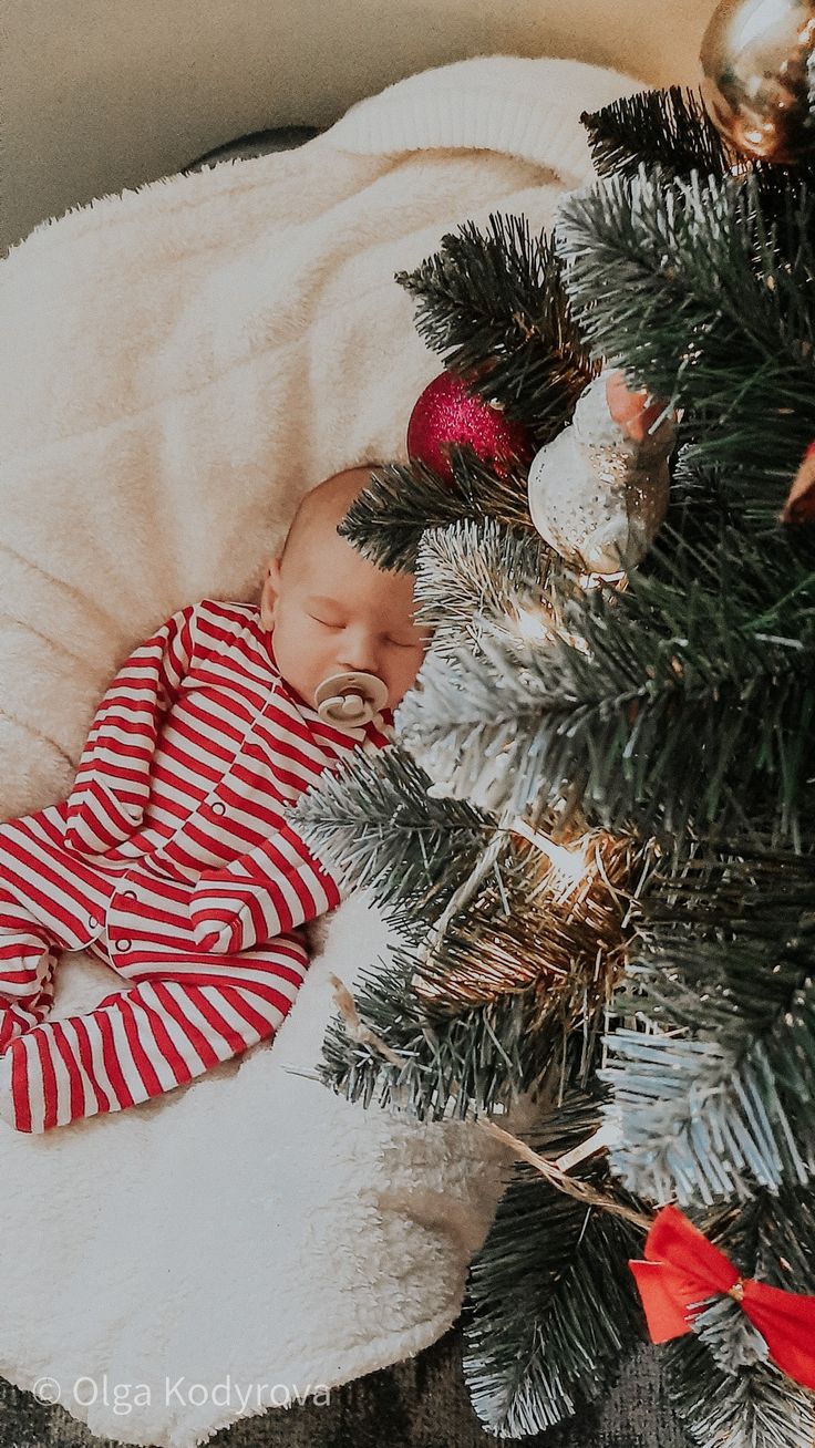 a baby sleeping in a basket next to a christmas tree with ornaments on it's branches