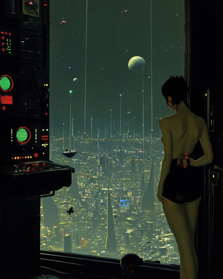 a woman standing in front of a window looking out at the city lights and planets