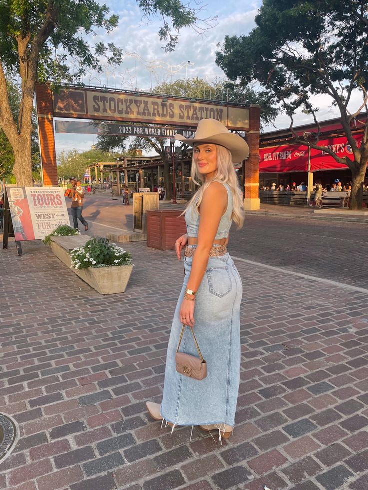 Rodeo Outfit Western Outfit Denim Maxi Skirt Cowgirl Hat Cowgirl Boots Gucci Purse Western Belt Dallas Fort Worth Texas Stockyards Denim Cowgirl Boots Outfit, Rodeo Women Outfit, Jean Skirt With Boots Outfit, Dallas Stockyards Outfits, Stockyards Outfit Summer, Denim Outfit Bachelorette, Bone Cowboy Boots Outfit, Outfits With Cowgirl Hats, Casual Cowgirl Hat Outfit