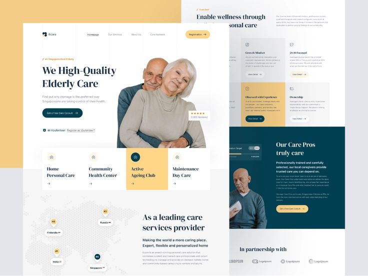 the landing page for an elderly care website is shown in three different colors and sizes