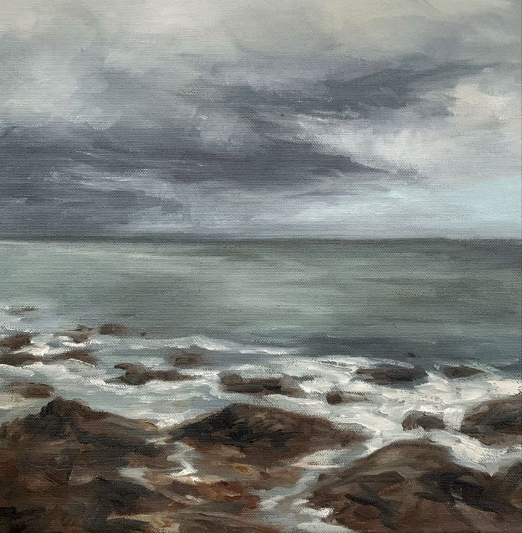 an oil painting of the ocean with rocks in front of it and dark clouds above