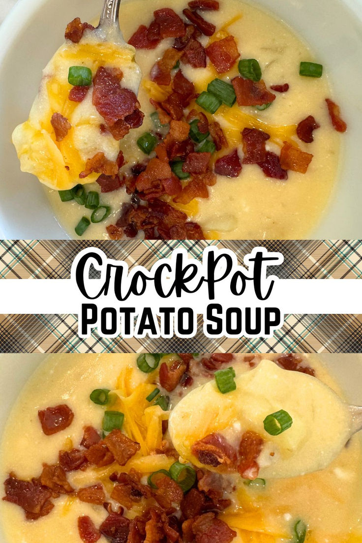 crockpot potato soup in a bowl topped with bacon, cheese and green onions with text Potato Soup Crockpot Recipes, Potato Soup Crock Pot Easy, Crockpot Potato Soup, Crockpot Potato, Homemade Potato Soup, Slow Cooker Potato Soup, Cheesy Potato Soup, Slow Cooker Potatoes, Crock Pot Potatoes