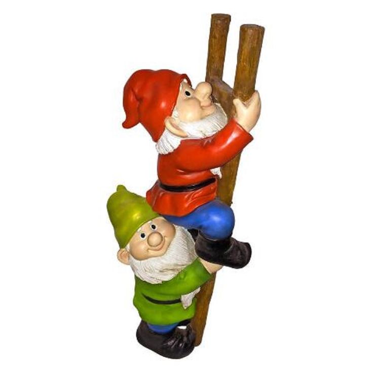 two gnomes are climbing on a wooden pole