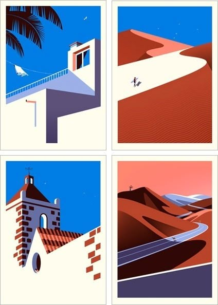 four different types of art deco posters with palm trees and buildings in the desert,