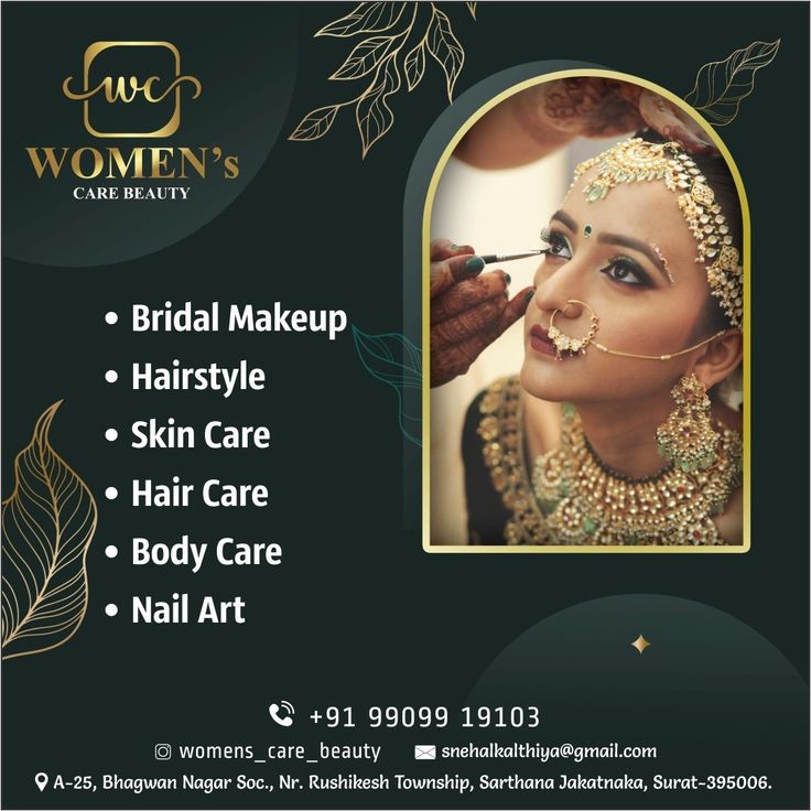 a woman getting her make up done in front of a black and gold background with the words bridal makeup, hairstyle, skin care, hair care, body care