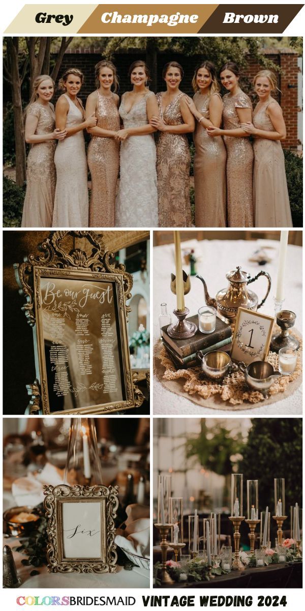 a collage of photos with different types of wedding decorations and pictures on the table