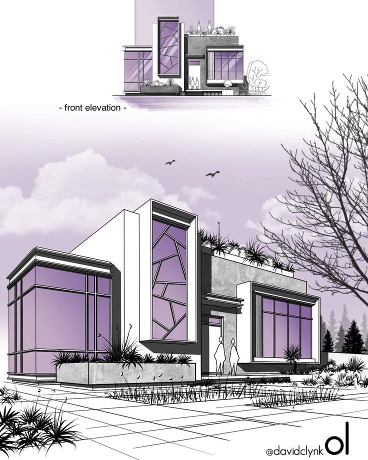 an architectural drawing of a modern house in purple and white with the words front elevation above it