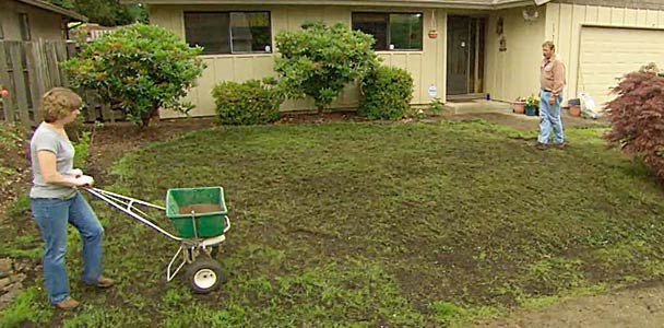 two people in front of a house with a wheelbarrow on the grass and one person pushing a lawn mower behind them