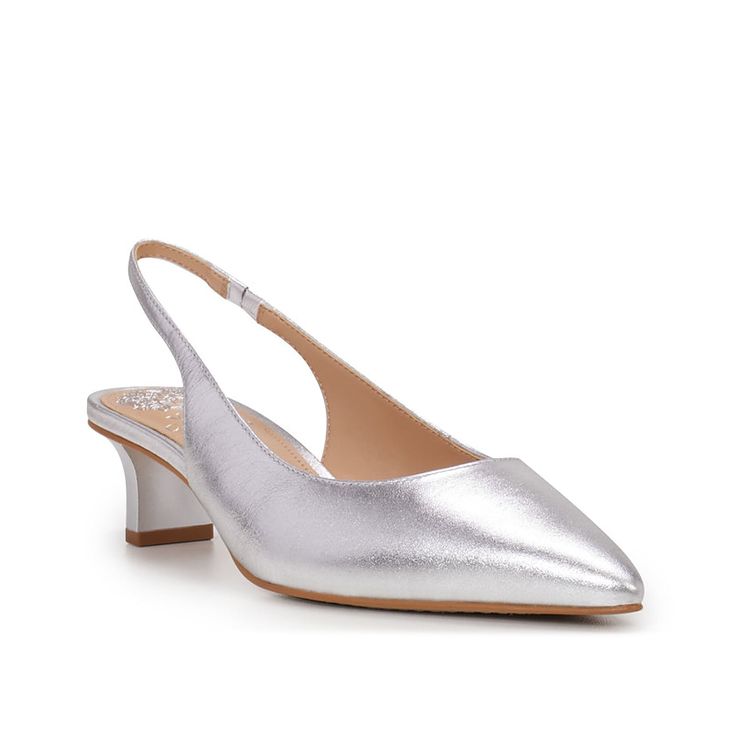 Vince Camuto-Pilar Pump Make a stunning entry in the Vince Camuto Pilar pump. The pointed-toe pump comes topped with a metallic finish that can make you gorgeous on any occasion. An elasticated slingback strap ensures a comfortable fit, while a matching kitten heel offers a subtle lift. Silver Slingback Pumps With 4-inch Heel For Evening, Metallic Pointed Toe Heels With Heel Strap, Metallic Silver Heels With 4-inch Heel For Formal Occasions, Metallic Heels With 4-inch Pointed Toe, Sleek Silver Heels With Sculpted Heel, Metallic Slingback Heels For Spring, Modern Silver Slingback Pumps With Sculpted Heel, Metallic Pointed Toe Heels For Spring, Metallic Pointed Toe Heels With Sculpted Heel