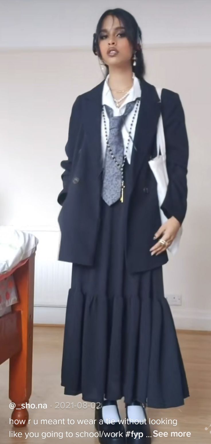 Maxi Skirt Masculine, Maxi Skirt Outfit Masc, Alt Outfits Long Skirt, Dress And Tie Outfit, Blazer Y2k Outfit, Y2k Blazer Outfit, Skirt Outfits Teacher, Black Maxi Skirt Outfit Aesthetic, Skirt And Tie Outfits