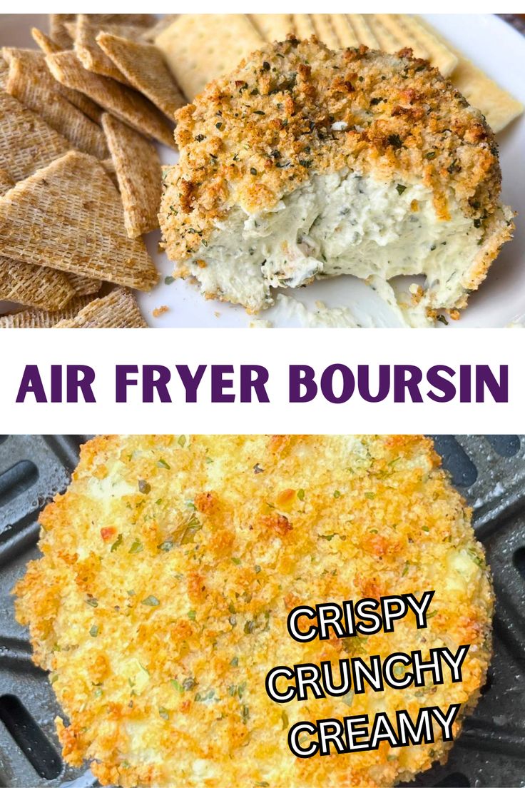 an air fryer with some food in it and the words crispy crunchy creamy on