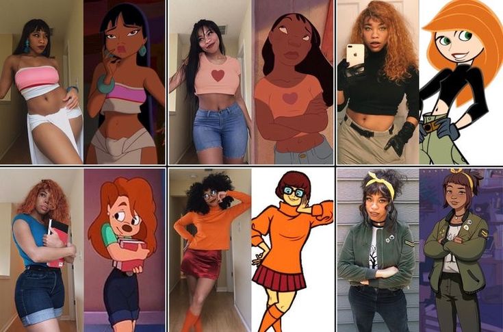 four different pictures of women in cartoon outfits and one has an orange cat on her chest