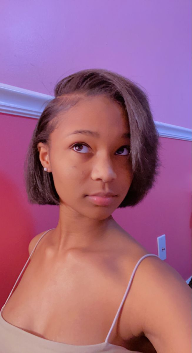 Chin Length Hairstyles For Black Women, Bob Haircuts Natural Hair, Bob Hairstyles Natural Hair Black Women, 4c Natural Hairstyles Short Silk Press, Slick Press Short Hair, Side Part Bob Silk Press Natural Hair, Shirt Bob Black Women, Short Neck Length Haircut Black Women, Bobs With Natural Hair