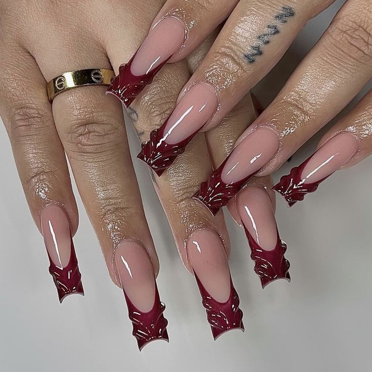 ig: nailsxomari Coffin Cherry Nails, Cherry Red Nail Ideas, Burgundy French Tip Square, Burgundy Birthday Nails, Red French Nails Square, Burgundy Acrylic Nails Design, Burgundy French Tip Nails Acrylic, Square Burgundy Nails, Unique Red Nails