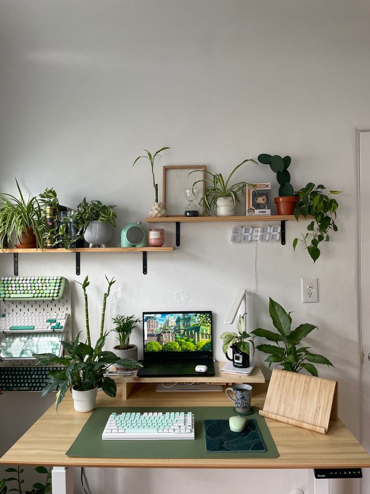 a desk with a computer, keyboard and plants on it in a home office area