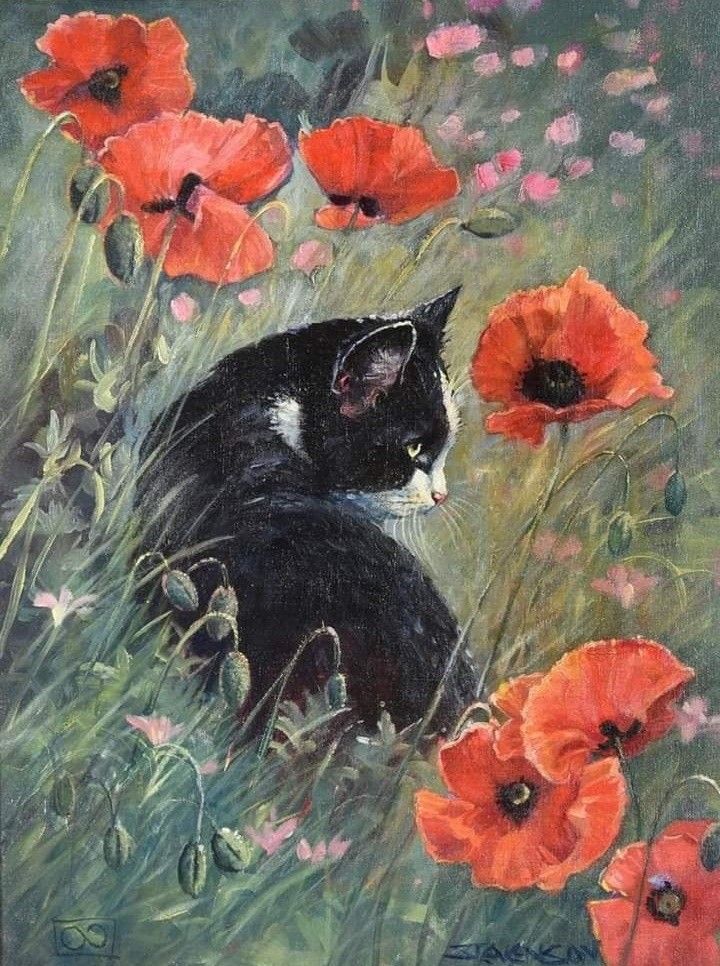 a painting of a cat sitting in a field of flowers with red and pink poppies