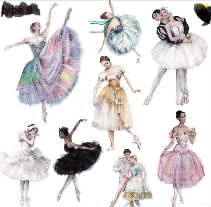 several ballerinas in different styles and colors are depicted on a white background,