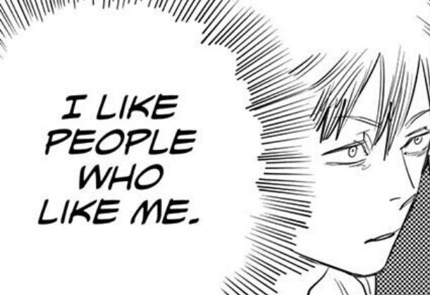 an anime character with the words i like people who like me on his face and head