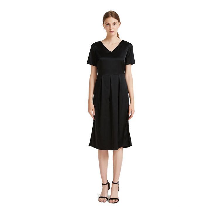 Short Sleeve V-Neck Black Silk Dress made of 100% mulberry silk. LengthShoulderBustWaistHipS106 cm37 cm88 cm70 cm106 cmM108 cm38 cm92 cm74 cm110 cmL110 cm39 cm96 cm78 cm114 cmXL112 cm40 cm100 cm82 cm118 cm Classic Knee-length Silk Midi Dress, Elegant V-neck Slip Dress For Formal Occasions, Sleek V-neck Satin Dress For Summer, Elegant A-line V-neck Dress For Daywear, Sleeveless Modal Satin Daywear Dresses, Elegant Sleeveless Viscose Slip Dress, Modal Satin Sleeveless Dress For Daywear, Chic Silk Satin Day Dress, Classic Silk Dress For Formal Occasions