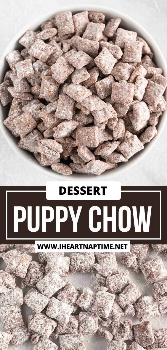 a white bowl filled with puppy chow next to the words desert puppy chow