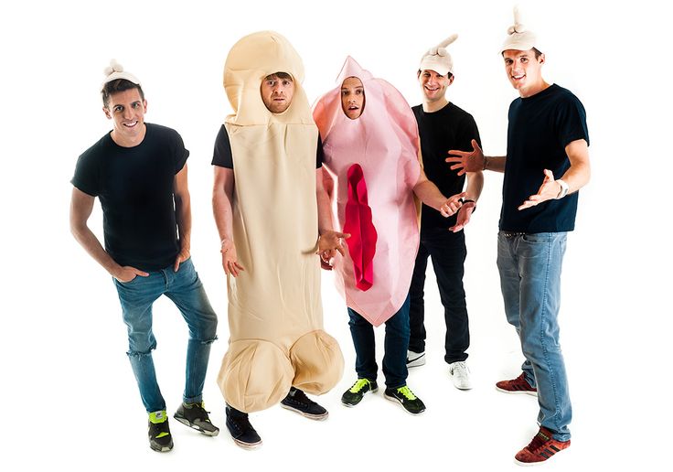 four men are dressed up in funny costumes