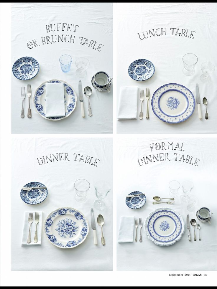 four photographs of blue and white dinnerware with the words brunch table on them