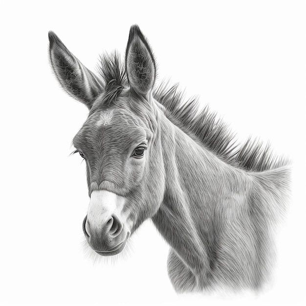 a pencil drawing of a donkey's head with long manes and an open mouth