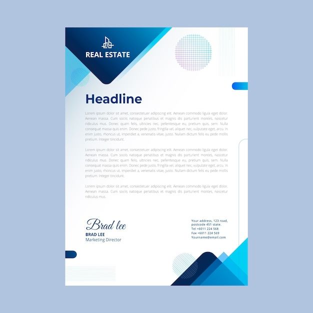 a blue and white business letterhead with geometric shapes on the bottom, in front of a