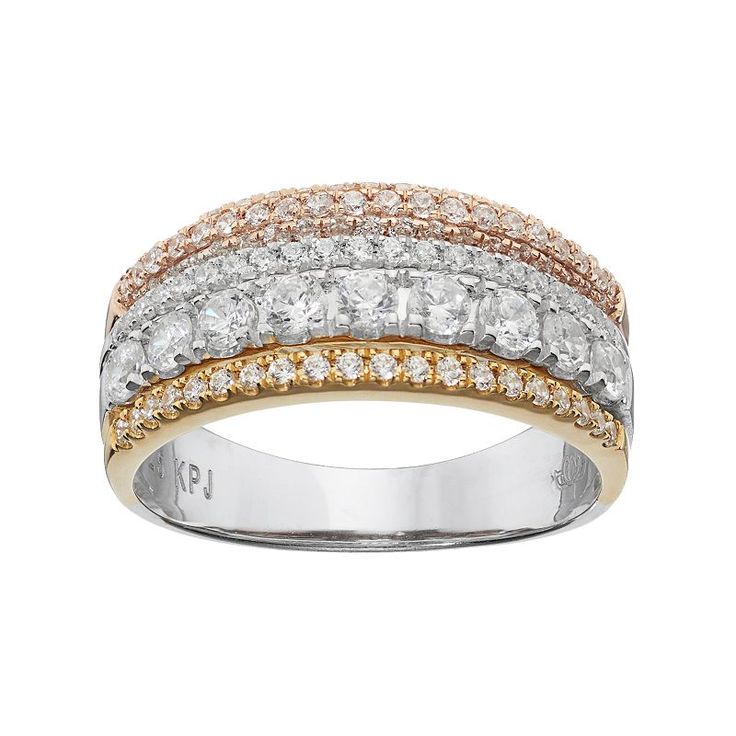 Simply Vera Vera Wang Tri Tone 14k Gold 1 Carat T.W. Diamond Multi Row Anniversary Ring, Women's, Size: 6, White Fine Jewelry Stackable Wide Band Ring For Anniversary, Gold-tone Metal Rings For Anniversary, Anniversary Fine Jewelry Stackable Multi-stone Rings, Tarnish-resistant Gold Bands For Anniversary, 14k Gold Multi-stone Stackable Rings For Anniversary, Simply Vera Wang, Simply Vera, Jewelry Model, Vera Wang