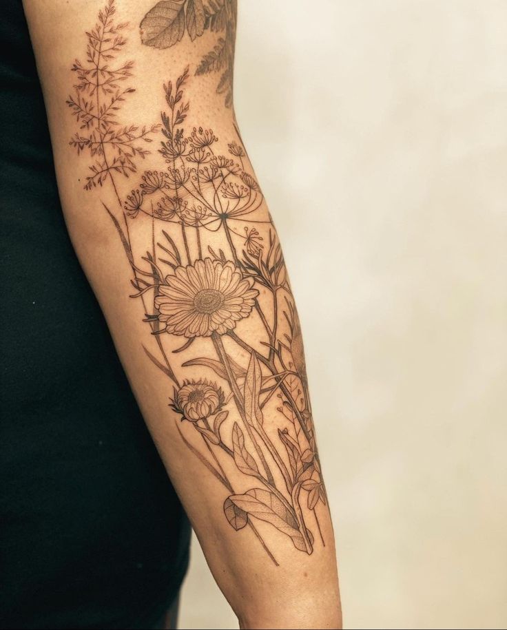 a woman's arm with flowers and leaves on it