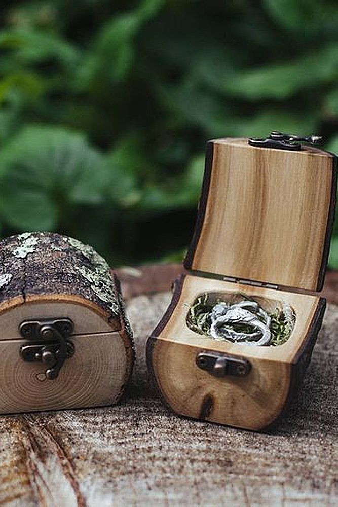 two wooden boxes with rings inside sitting on a tree stump in front of some plants