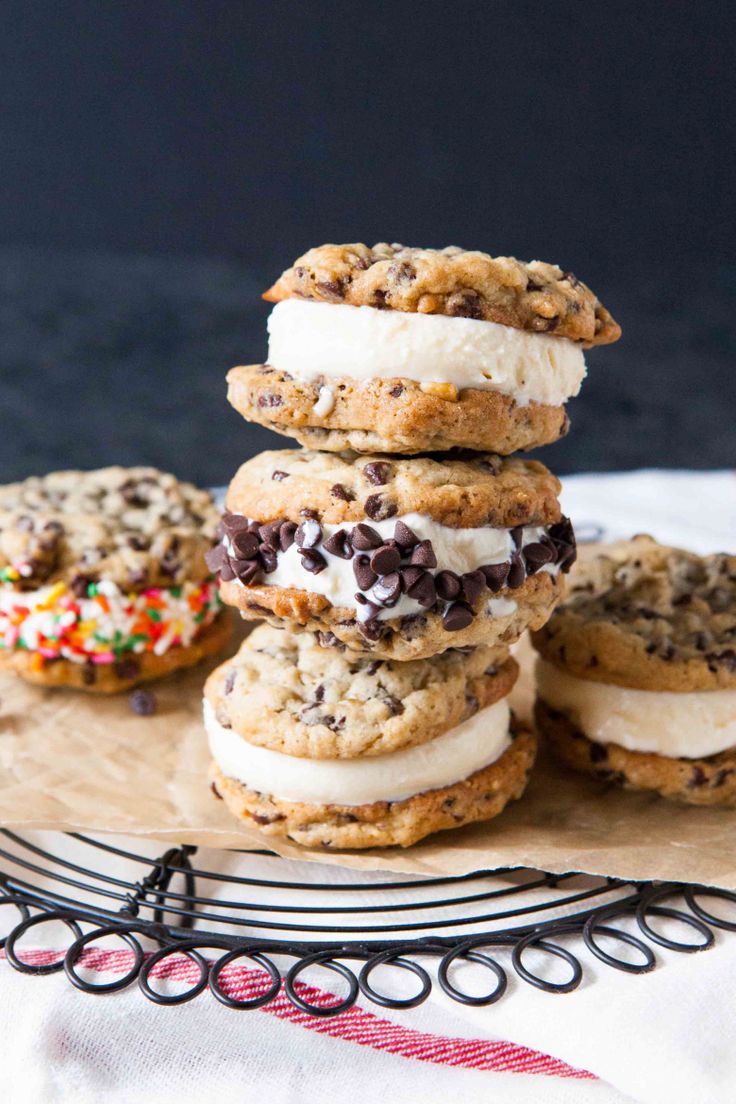 cookies and ice cream sandwiches stacked on top of each other