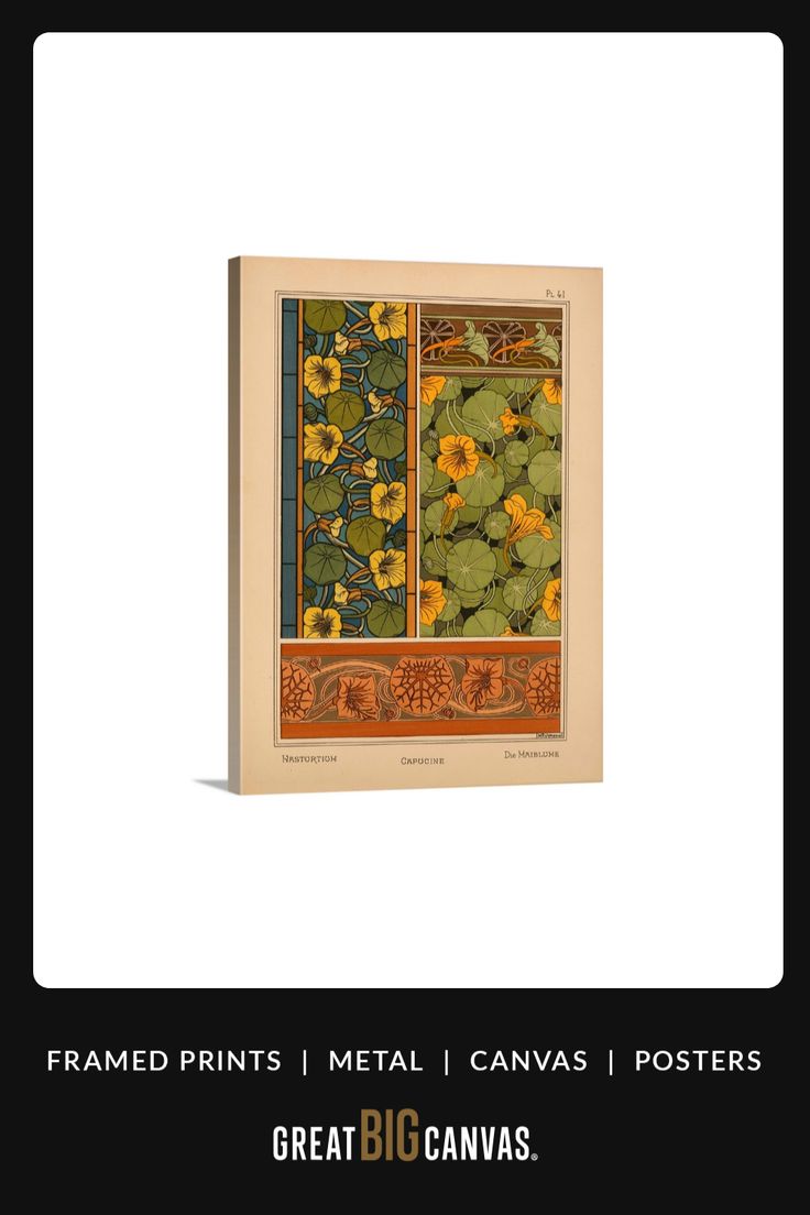 a book with an image of flowers and leaves on the cover, which reads framed prints metal canvass posters great big canvass