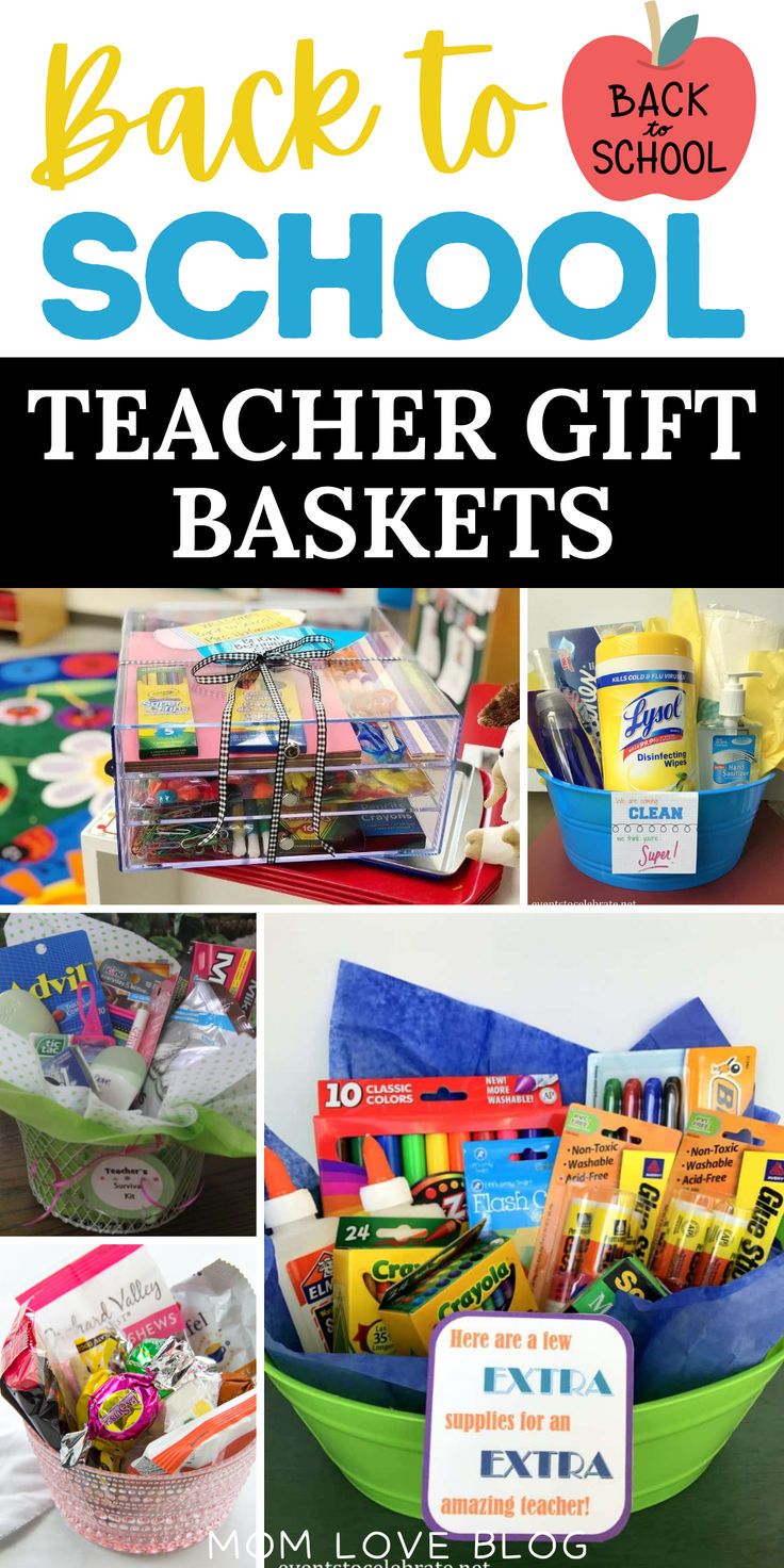 Collage of DIY back to school teacher gifts including gift baskets. Mini Gift Baskets For Teachers, Teacher Supplies Gift Basket, First School Day Gift, Teacher Supply Gift Basket, Teacher Baskets Back To School, Teacher Appreciation Gift Baskets Diy, Teacher Gift Box Ideas, Teacher First Day Of School Gift, First Day Teacher Gifts Ideas