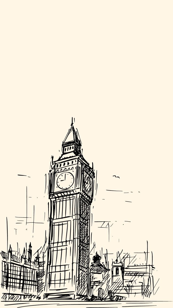 a black and white drawing of a clock tower