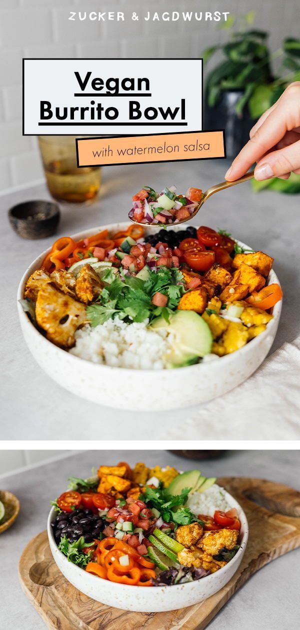 two pictures showing different types of vegetables and rice in bowls, with the title vegane burrito bowl