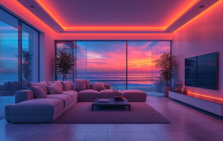 a living room filled with furniture and a large window covered in bright pink lights next to the ocean