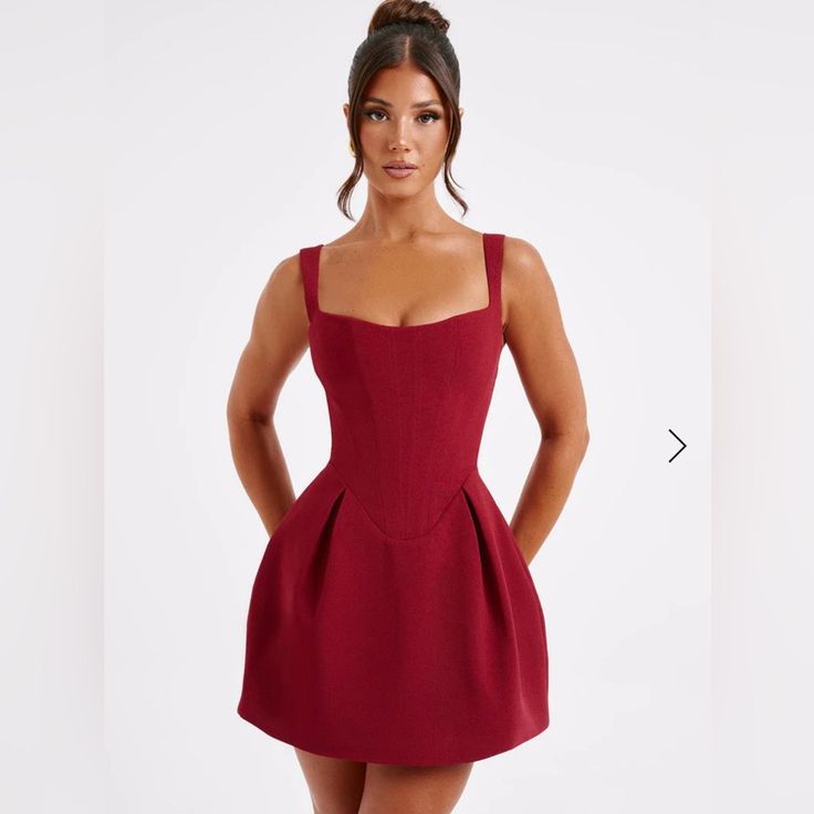 Janiyah Is The Dress For Party Season With The Prettiest Silhouette. This Mini Is Cut From A Premium, Structured Woven Fabric With A Corseted Body That Cinches The Waist And Drops To A Low V Shape. The Look Is Complete With An Iconic Voluminous Skirt. Colour: Wine. Premium Non Stretch Woven Fabric. Square Neckline. Thick, Adjustable Straps. Corseted Body With Drop V Shape. Voluminous Skirt. Zip Closure To Back. Mini Length. Model Is An Xs And Is Wearing An Xs. Model’s Measurements: Dress Size: X Backless Corset Dress, Dark Red Short Dress, Homecoming Dresses Corset, Dress For Party, Wine Dress, Maxi Dress Sale, Spaghetti Strap Mini Dress, Dark Feminine, Winter Formal